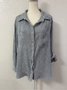 CHENAULT Button-Up Collared Woven Stretch Blue/White Striped Top Women 2X